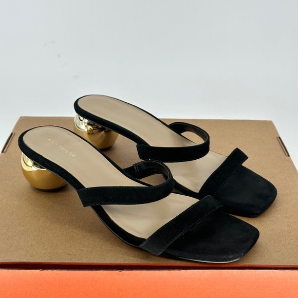 Ann Taylor Shoes - Ann Taylor Black Open Toe Gold Low Kitten Heel Sandal Chic Minimalist Women's 8